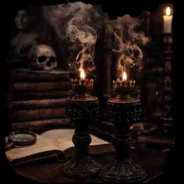lampade gotiche con libri incenso e teschio